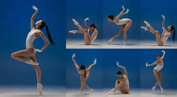 Коллаж портретов молодой нежной балерины, в характере белого лебедя, выступающего изолированно на синем фоне — стоковое фото