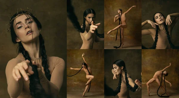 Collage de retrato de hermosa mujer, bailarina bailando y posando aislada sobre fondo vintage —  Fotos de Stock
