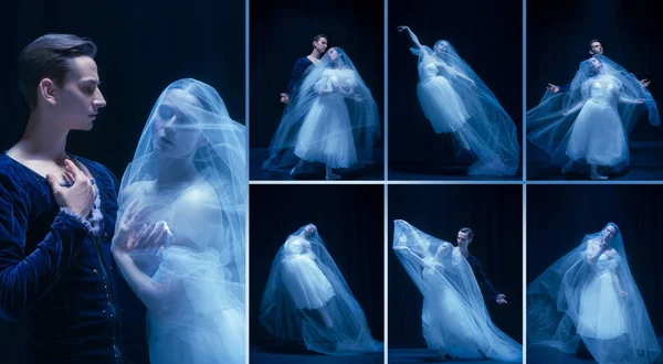 Collage de joven hermosa mujer y hombre, bailarines de ballet profesional haciendo rendimiento aislado sobre fondo oscuro en neón —  Fotos de Stock