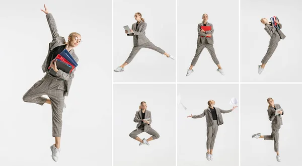 Collage av ung kvinna i officiell kostym, kontor anställd dans, hoppa isolerad över vit bakgrund — Stockfoto