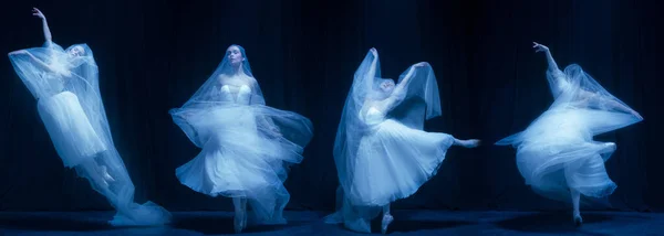 Kolase balerina lembut dengan gaun putih yang indah menari terisolasi di atas latar belakang gelap di neon — Stok Foto