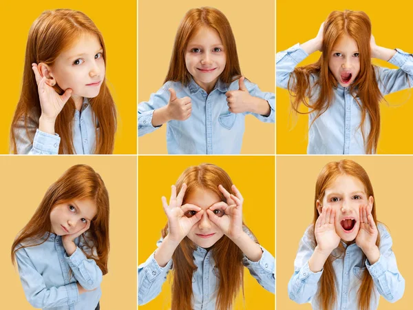 Kollázs portrék a kislány, gyönyörű gyermek arcok, pózol elszigetelt sárga háttér — Stock Fotó