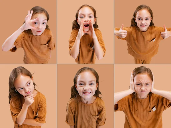 Kollázs portrék gyönyörű kislány bemutató különböző érzelmek, arckifejezések elszigetelt felett világosbarna háttér — Stock Fotó
