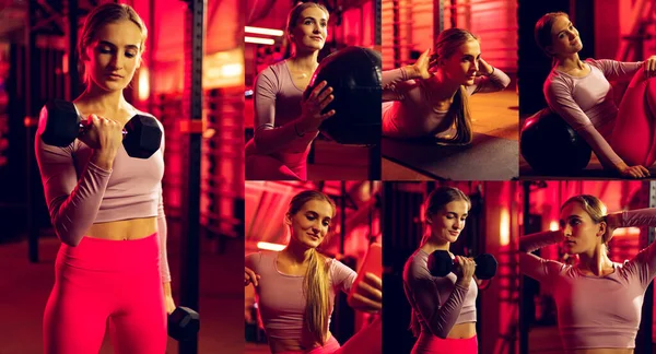 Collage de retratos de jóvenes deportistas entrenando, haciendo ejercicios en el gimnasio — Foto de Stock