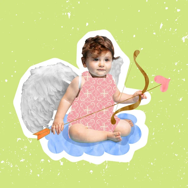 Creative art design. Little boy, toddler in character of baby Cupid with angel wings and love arrows sitting on cloud isolated over green background — Foto Stock