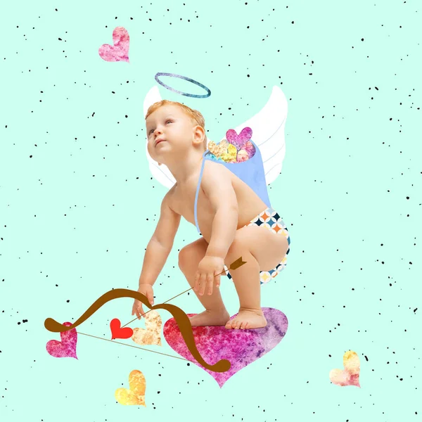 Contemporary art collage of little boy, child in character of Cupid with love arrows isolated over mint background — Foto Stock