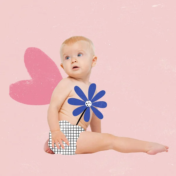 Creative design. Artwork of little girl, toddler posing isolated over pink background — Fotografia de Stock