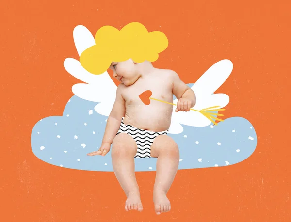 Hedendaagse kunst collage van baby jongen, weinig liefde Cupido zittend op clod en het verzenden van liefde geïsoleerd over oraan achtergrond — Stockfoto