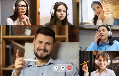 Gençler, erkekler ve kadınlar kolajı, İnternet üzerinden online iş konferansı