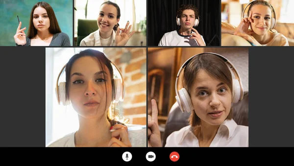 선생님이나 개인 교사와 비디오 통화를 하는 젊은 남녀들의 콜라주 — 스톡 사진