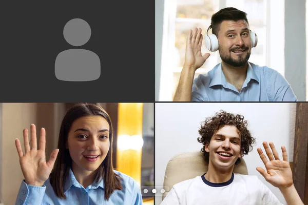 Collage of three people having online video call. Friends communication — Foto Stock