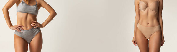 Collage of cropped slim sportive emale bodies in underwear, bellies isolated over gray background