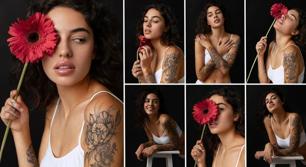 Collage of portraits of young beautiful girl posing with flower of red gerbera isolated over black background — Stock Fotó