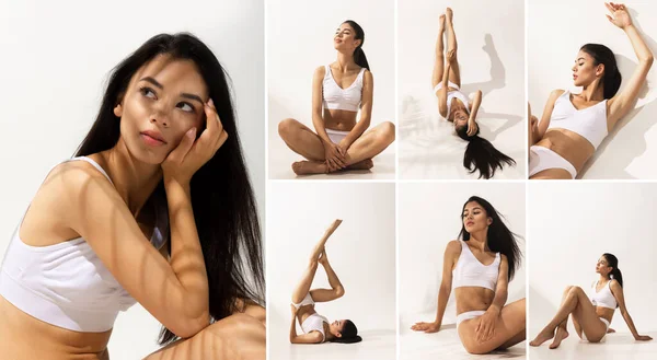 Collage of beautiful young girl posing in underwear isolated over white background — ストック写真