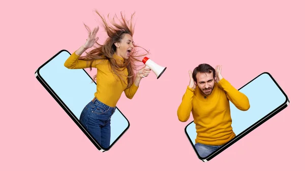 Collage of woman and man sticking out phone screeen. Woman shouting in megaphone at man isolated over pink background — Photo