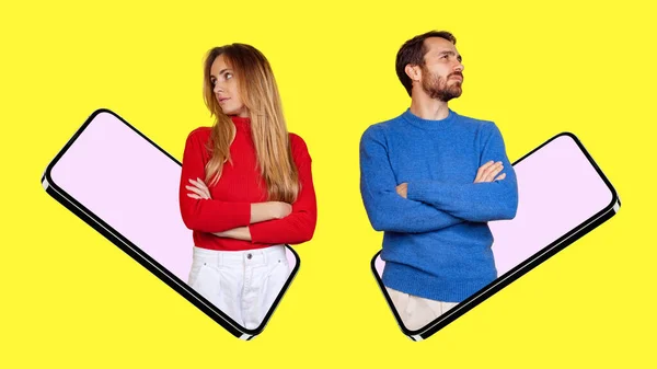 Collage of man and woman, looking thoughtful or offended appearing from phone screen isolated over yellow background — Photo