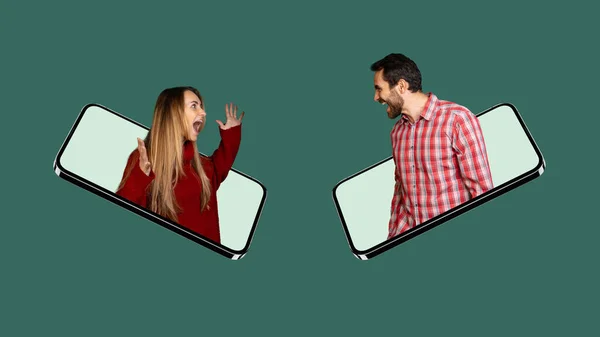 Collage of man and woman with excited facial expressions sticking out phone screen isolated over green background — Fotografia de Stock