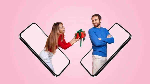 Collage of man and woman sticking out phone screen isolated over pink background — Photo