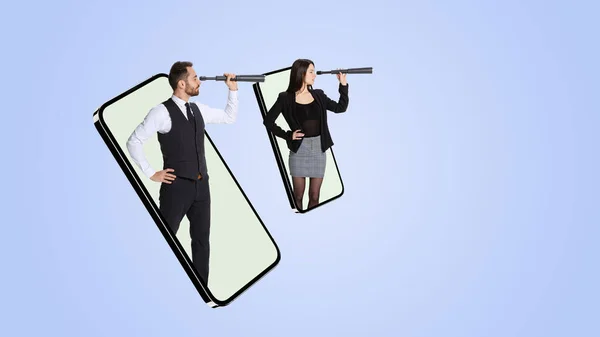 Modern design. Collage of man and woman sticking out phone screen and looking into telescope isolated over blue background — Photo