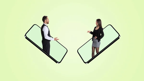 Collage of man and woman, employees sticking out phone screen and talking isolated over green background — Foto Stock