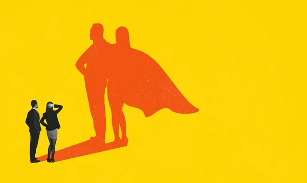 Contemporary art collage of man and woman, employee looking on their superhero shadow symbolizing success — Stock Photo, Image