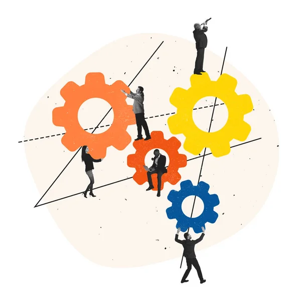 Contemporary art collage. Employees connecting gears symbolizing teamwork — Fotografia de Stock