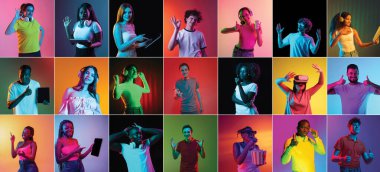 Collage of young people, boys and girls posing with gadgets isolated over multicolored background in neon lights