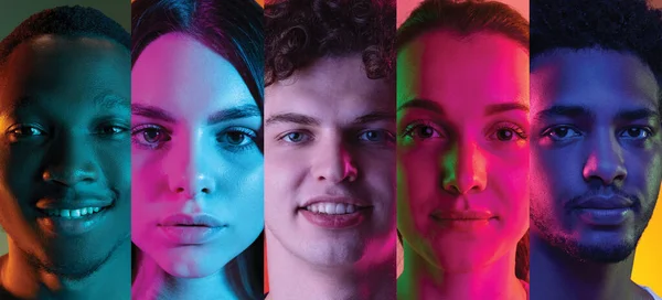 Collage of portraits of young people with different emotions isolated over multicolored backgrounds in neon light. — Zdjęcie stockowe