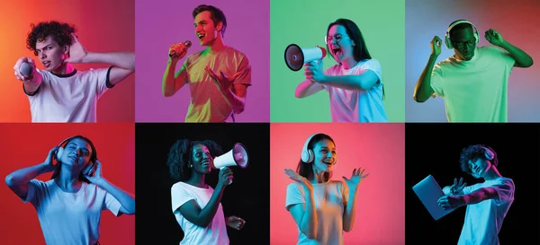 Collage of portraits of young people singing, shouting in megaphone or having video call isolated over multicolored background in neon — Stockfoto