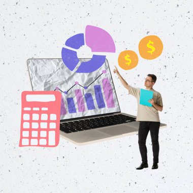Creative design. Contemporary art collage of man, eployee working on financial management systems, statistics