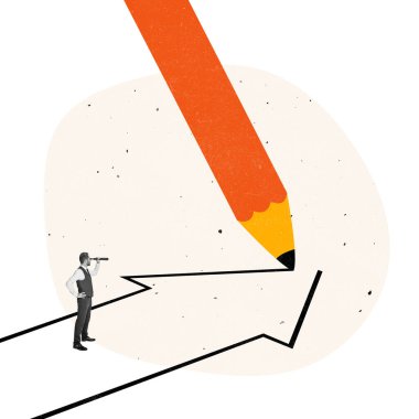 Contmporary art collage. Modern design. Businessman standing on drawing arrow looking in telescope symbolizing future success