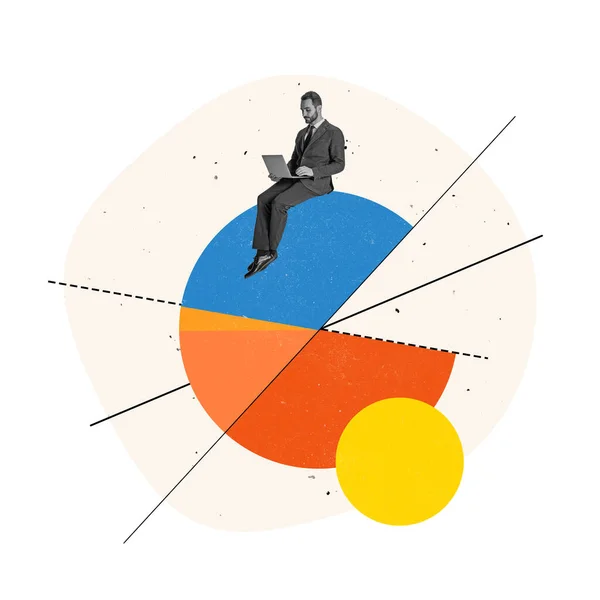 Contemporary art collage. Businessman sitting on pie chart and working in laptop, making business analytics — 图库照片