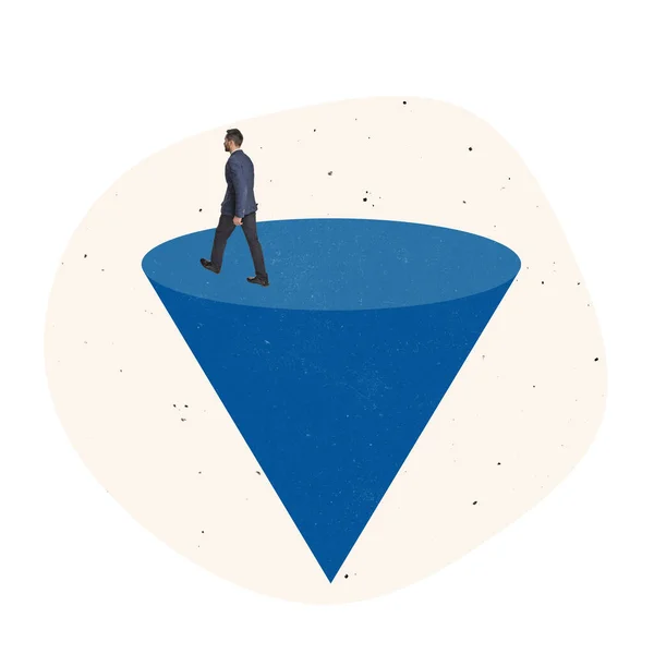 Contemporary art collage. Creative design. Businessman standing on cone, symbolizing leadership — Stockfoto