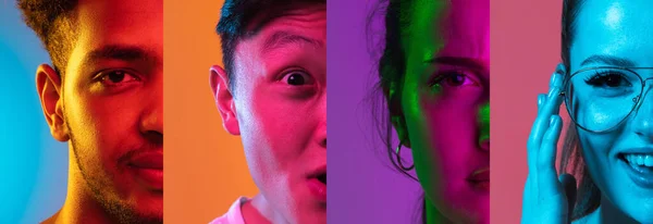 Függőleges kollázs vágott férfi és női szemek elhelyezett keskeny csíkok neon fények. — Stock Fotó