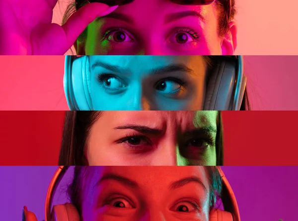 Collage of croppped female eyes making weird and funny expressions isolated over multicolored background in neon lights — ストック写真