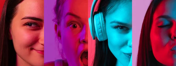 Collage of half-faced portraits of young woman with different facial expressions isolated over multicolored background in neon lights — Stock fotografie