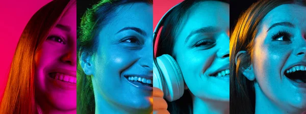 Collafge of half-faced portraits of young women smiiling, laughing isolated over multicolored background in neon lights — Fotografia de Stock