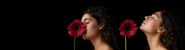 Collage of beautiful tender woman posing with red herberas flowers symbolizing female health isolated over black background