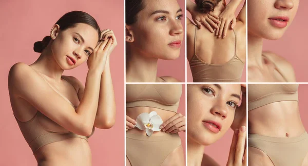 Collage of different body parts of young and tender girl posing in beige underwear isolated over pink background — Stock Photo, Image