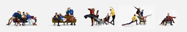 Creative collage. People in btight colorful cloth dancing ballet, sitting on coach isolated over gray background — Stockfoto