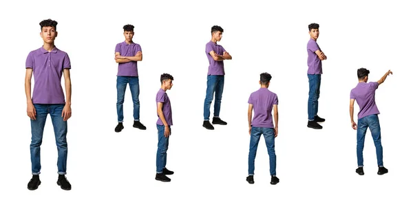 Collage. Full-length portraits of young boy, student posing in casual cloth isolated over white background — Stok fotoğraf