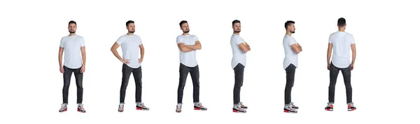 Collage of full-length portraits of man standing in a line, posing isolated over white studio background — Stock Photo, Image