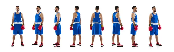 Collage. Full-length portraits of ypung man, professional boxer in uniform posing isolated over white background — Fotografia de Stock