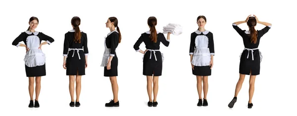 Collage. Full-length portrait of young girl working as housemaid isolated over white background — Stockfoto