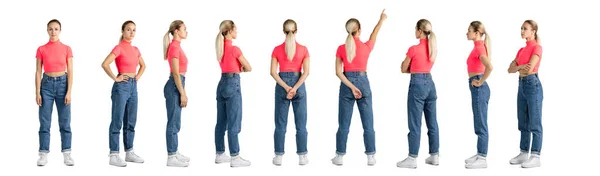 Collage. Retratos de cuerpo entero de una joven hermosa posando en tela casual aislada sobre fondo blanco — Foto de Stock