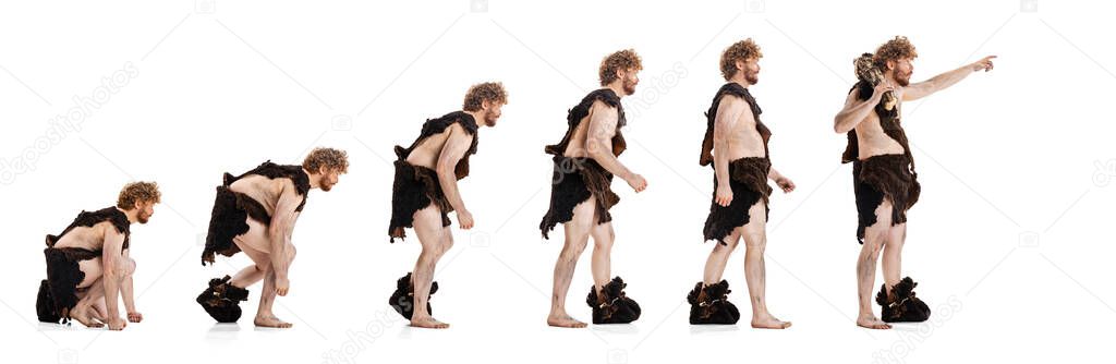 Collage. Full-length portrait of man in character of neanderthal posing isolated over white background