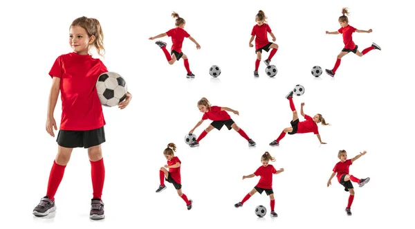 Retrato completo de niña, niño, entrenando, jugando al fútbol aislado sobre fondo blanco. Collage. —  Fotos de Stock