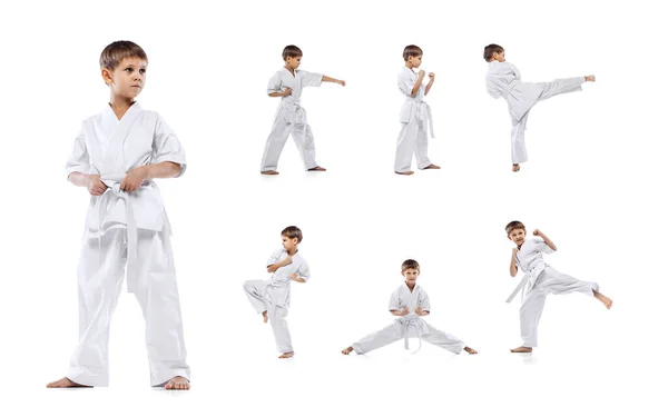 Full-length portrait of little boy, motivated sportsman in white kimono training isolated over white background. Collage — Stock Photo, Image