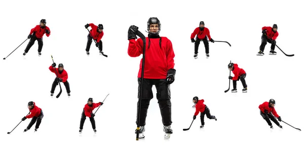 Full-length portret van professionele hockeyspeelster, keeper training geïsoleerd over witte achtergrond. Collage — Stockfoto
