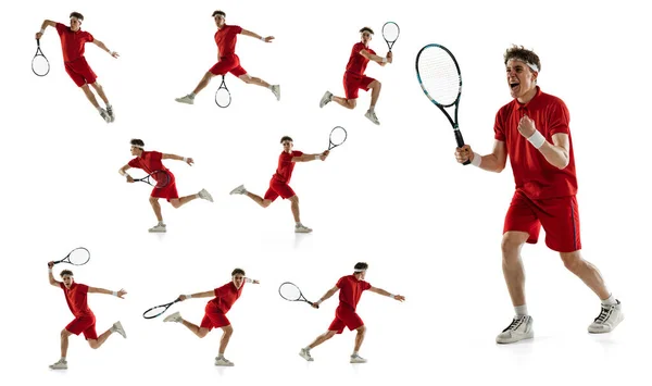 Portraits of young man, professional tennis player training isolated on white background. Collage — Stock Photo, Image